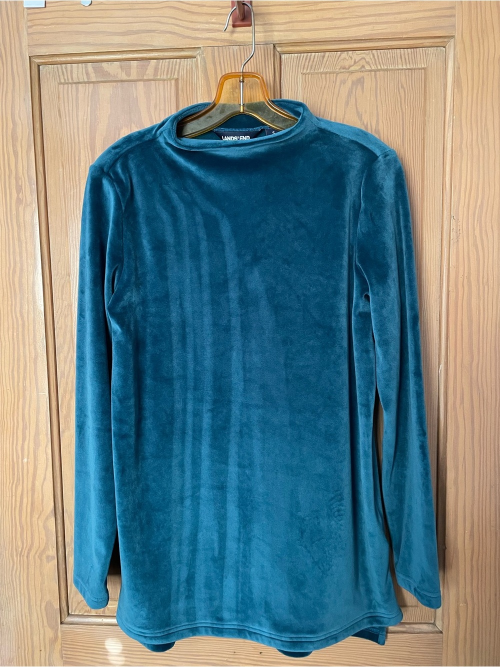 Lands End Funnel Neck Ling Sleeve Velour Tunic, Teal, Size Small